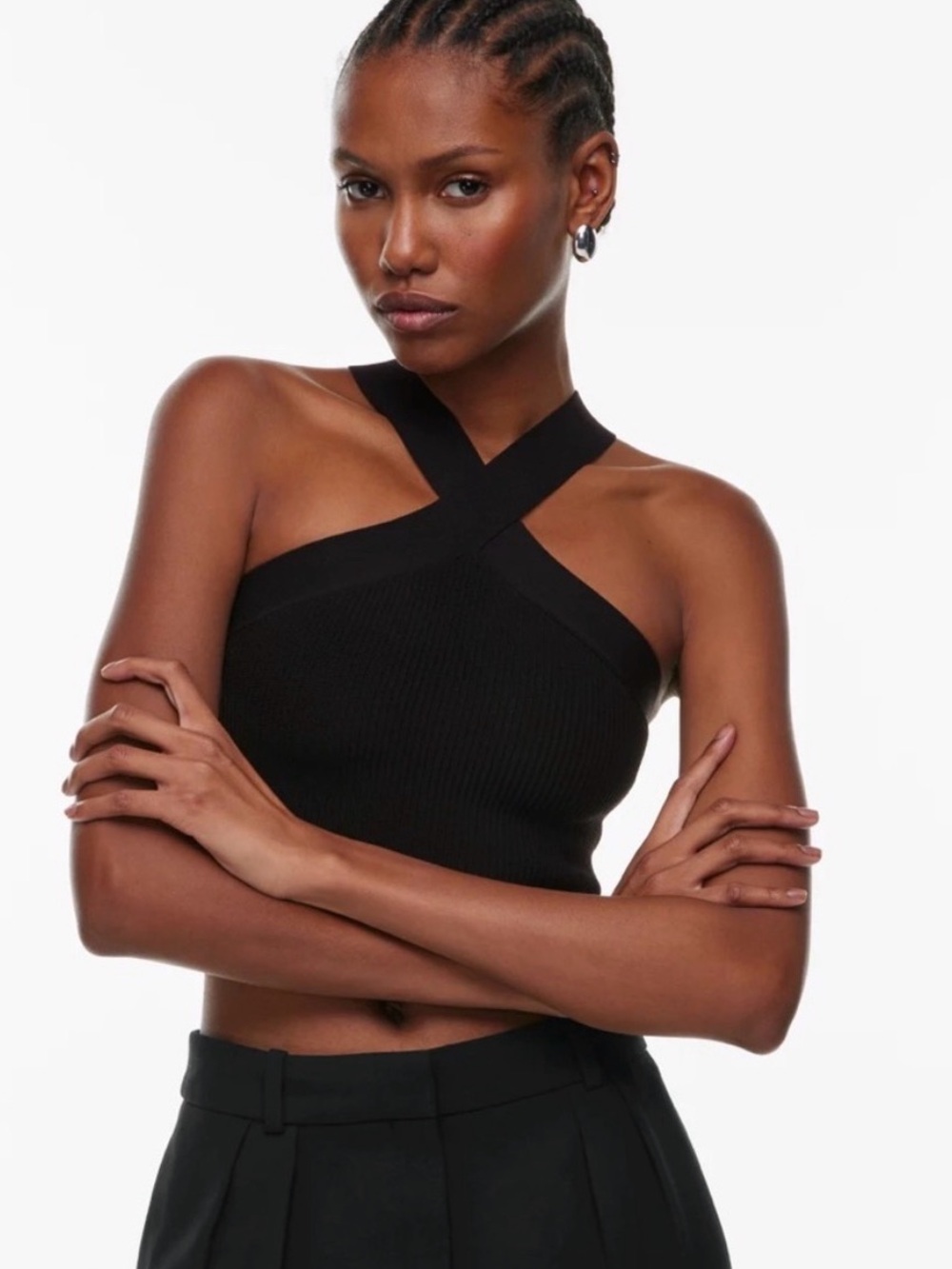 Aritzia Babaton Black Sculpt Knit Criss Cross Ribbed Crop Top